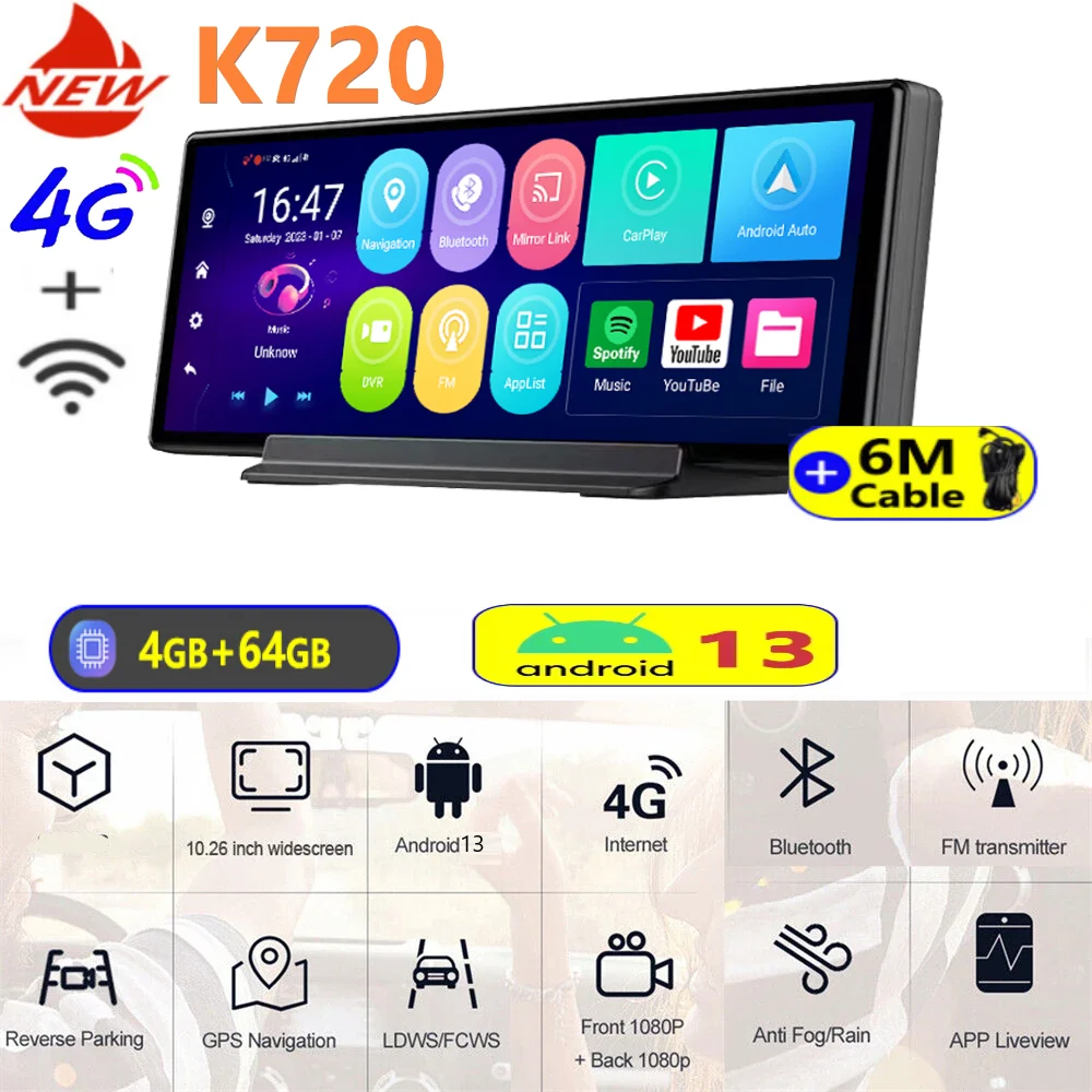 

10,26-дюймовый автомобильный видеорегистратор K720 K700 Carplay Auto 4G GPS-навигация Приборная панель FHD с двумя объективами Android 13, зеркало заднего вида, видеорегистратор