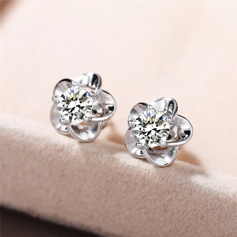 

New Delicate Flower Earrings Women with Round Cubic Zirconia Fresh Style Girls Stud Earrings Simple Stylish Jewelry Wholesale