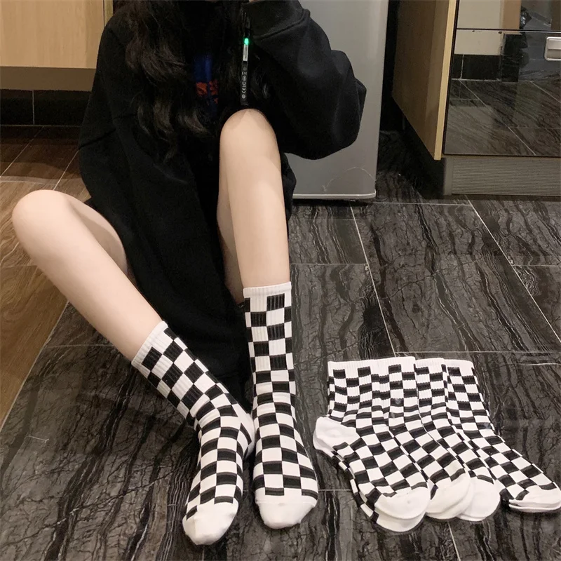 Harajuku Knee High Socks Gothic Lolita Novelty Checkerboard Nylons Woman High Stocking Chausette Femme