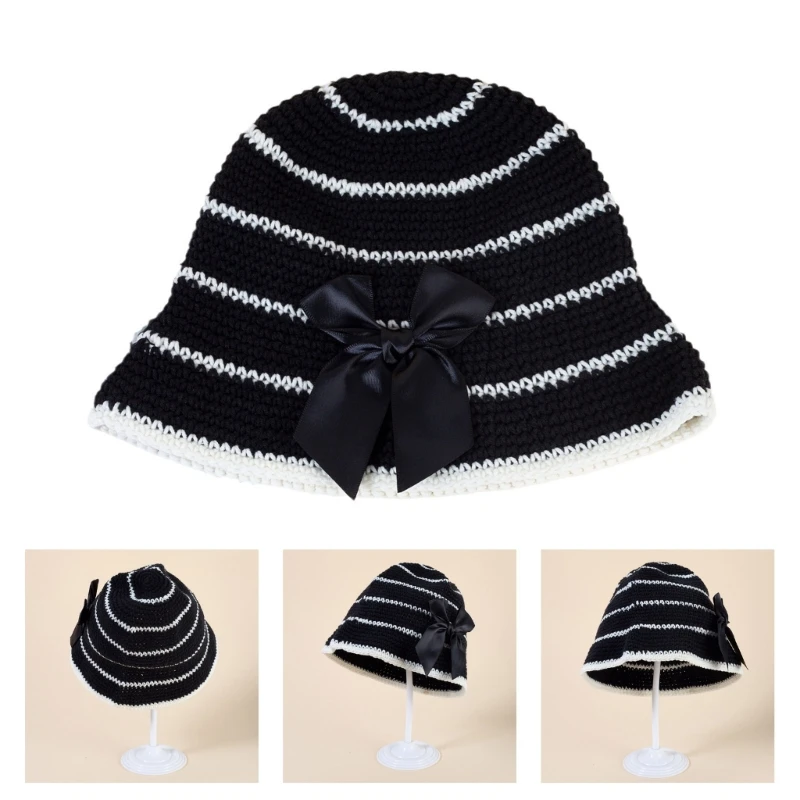 

White Bowknot Bucket Hat Crocheted Beanie Hat for Outdoor Hiking Gift for Ladies