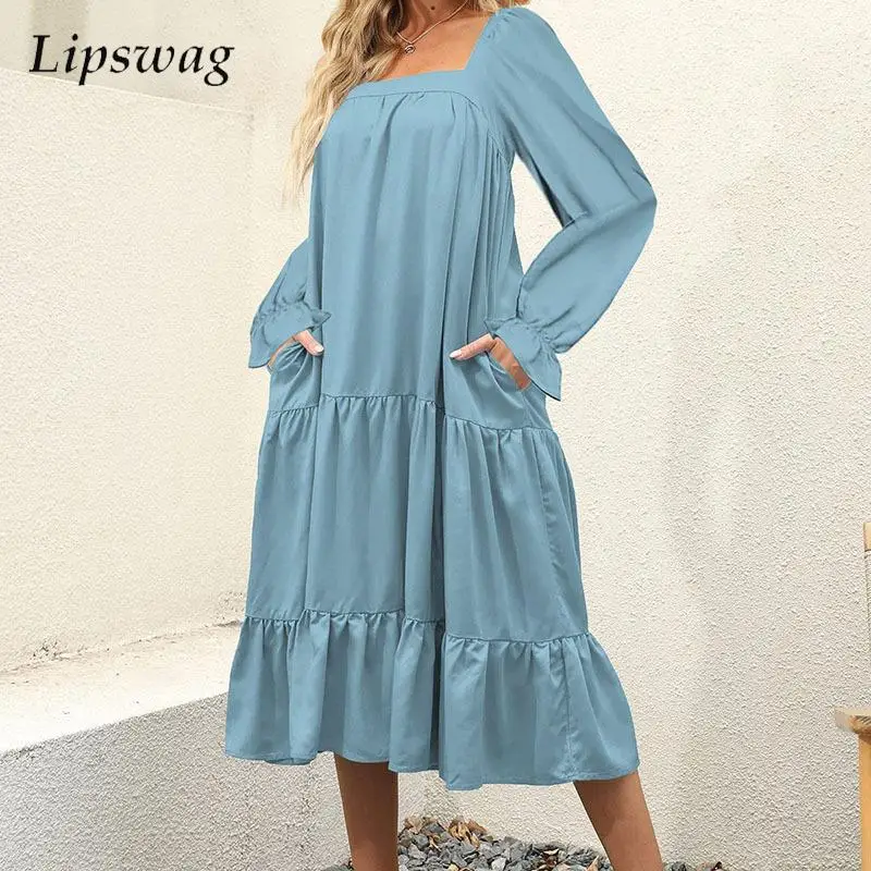 

Casual Women Long Sleeve Pleated Long Dress Spring Summer Square Neck Loose Dress Street Ladies Solid Color Dresses With Pockets