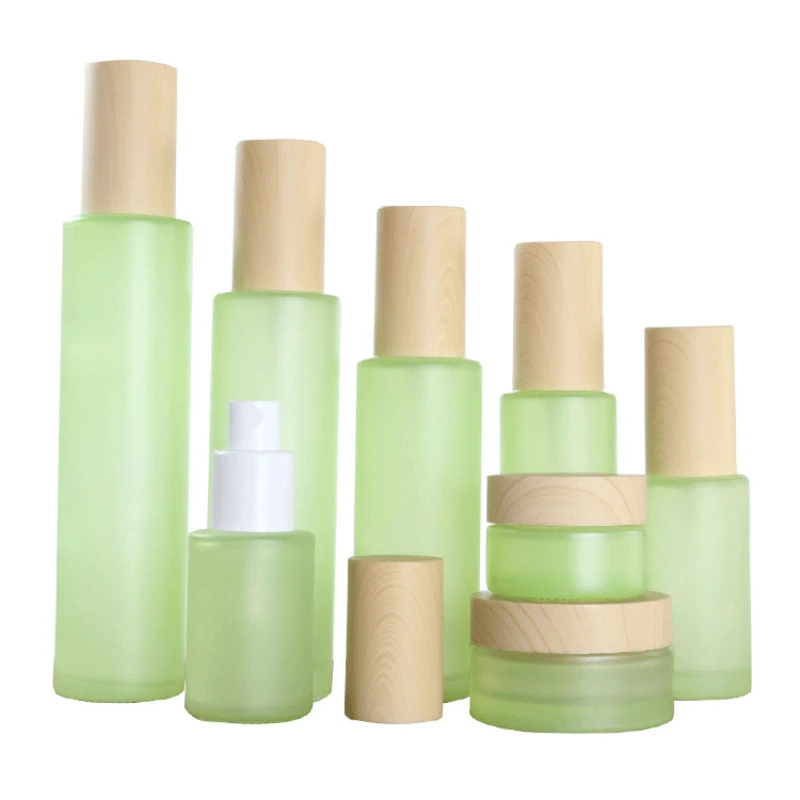 

30/40/60/80/100ml Wood Grain Cover Green Glass Spray Press Pump Bottle Lotion Bottles Cream Jars Empty Cosmetic Packing