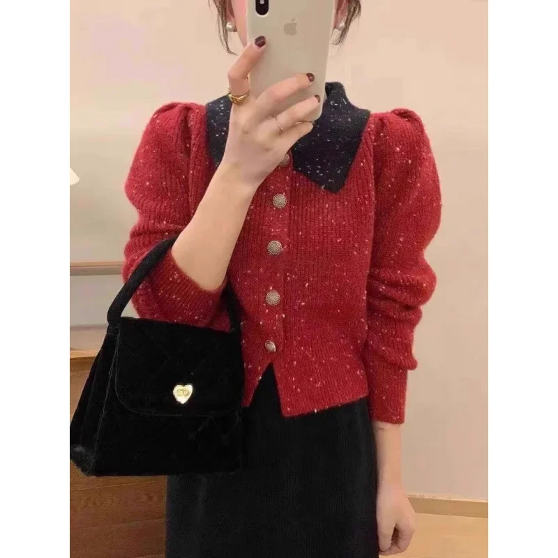 Элегантный французский твидовый стиль вязаный кардиган женский осенне-зимний