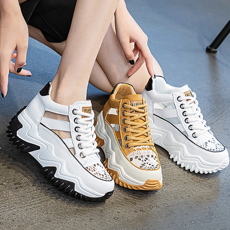 Mesh Genuine Leather Hollow Strap Design Comfy High Brand Breathable Shoes Chunky Sneakers Spring Summer Platform Wedge Shoes