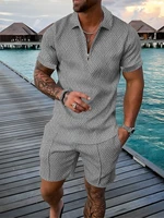 fashion solid color mens polo suit men sets mesh printed 2022 streetwear zipper short sleeve shorts two pieces men casual suit