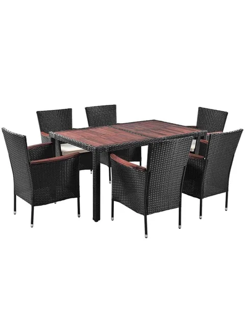 7-Piece Outdoor Patio Dining Set, Garden PE Rattan Wicker Dining Table and Chairs Set, Acacia Wood Tabletop,Chairs with Cushions 4