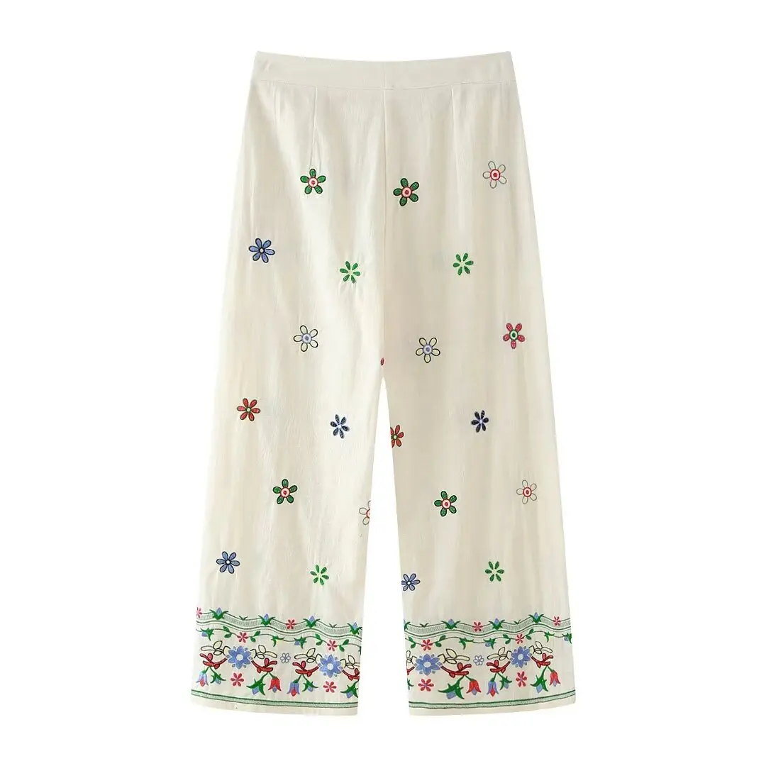 DUOPERI Женский Комплект Из Топа С Цветочной Вышивкой И Брюк Высокой Талией В