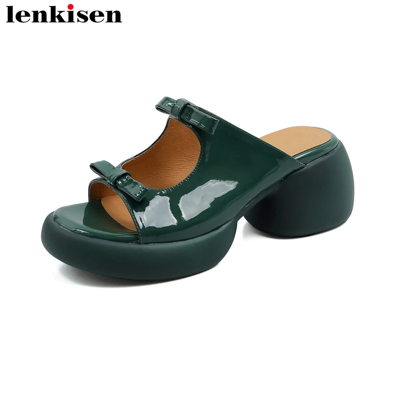 

Lenkisen Cow Leather Platform Slip On Butterfly-knot Peep Toe Summer Shoes Slingbacks Thick High Heels Beauty Ins Sandals Women