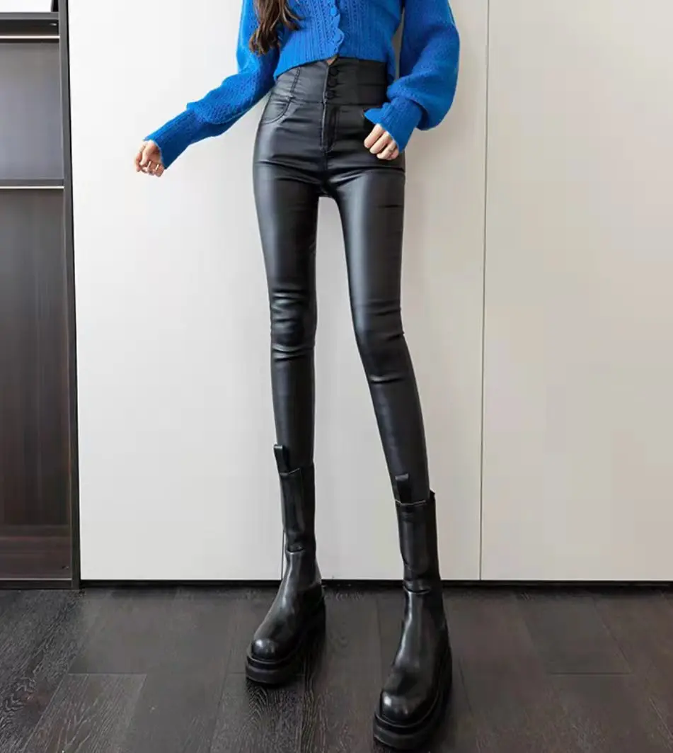 

Женские весенне-осенние брюки из искусственной кожи 2022, женские модные сексуальные эластичные облегающие брюки, Длинные повседневные брюк...