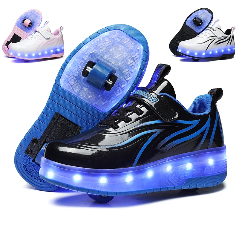

Новинка 2023, Детские светящиеся кроссовки с USB-зарядкой, размер 28-40, с 2 колесами, для маленьких девочек и мальчиков, светодиодная обувь для роликовых коньков
