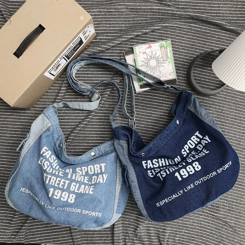 Letter Print Denim Shoulder Bags For Women Qualitied Shopper Eco Bag Korean Canvas Messenger Bag Y2K Satchel Adjustable Strap