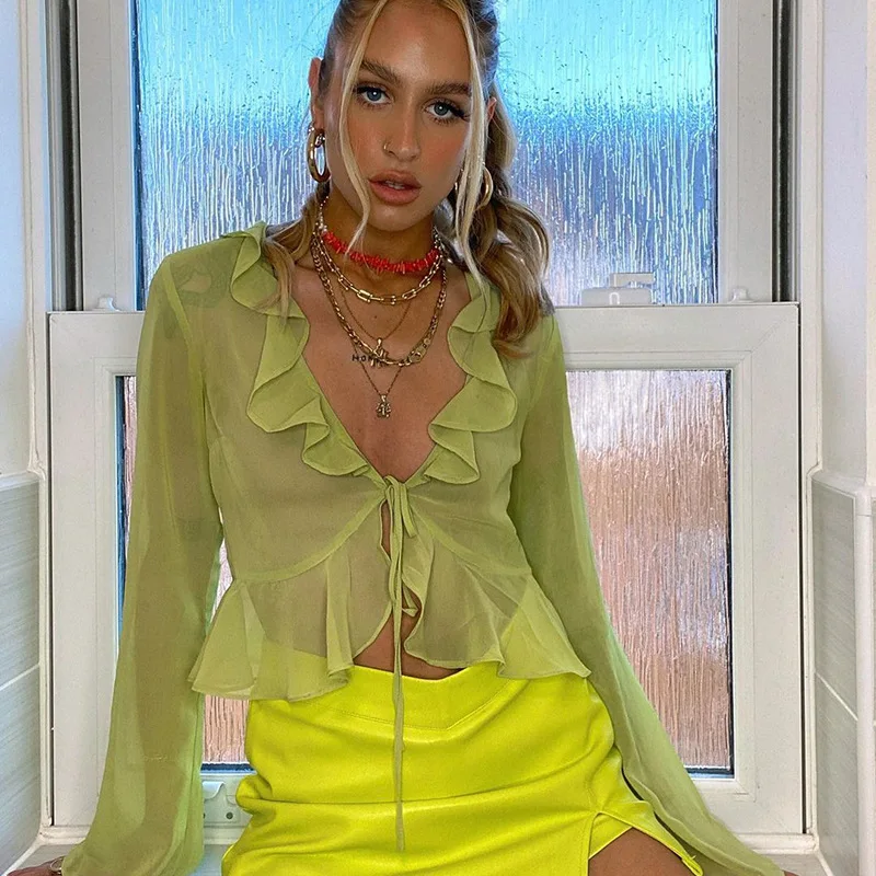 

Summer New Women's Solid Color Fungus Edge Tie Deep V-Neck Long Sleeve Cardigan Top