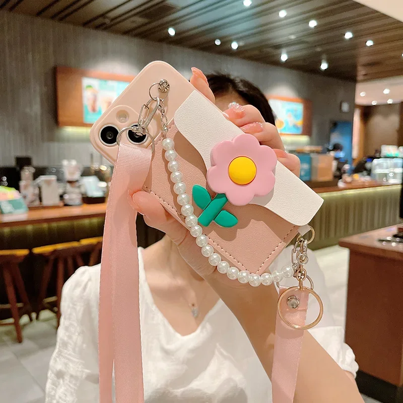 

Fresh Flower Card Bag Phone Case for iPhone 14 Crossbody 13promax Xsmax Xr Pearl Chain Strap 6/7g 8plus 12mini 11pro Soft Cover