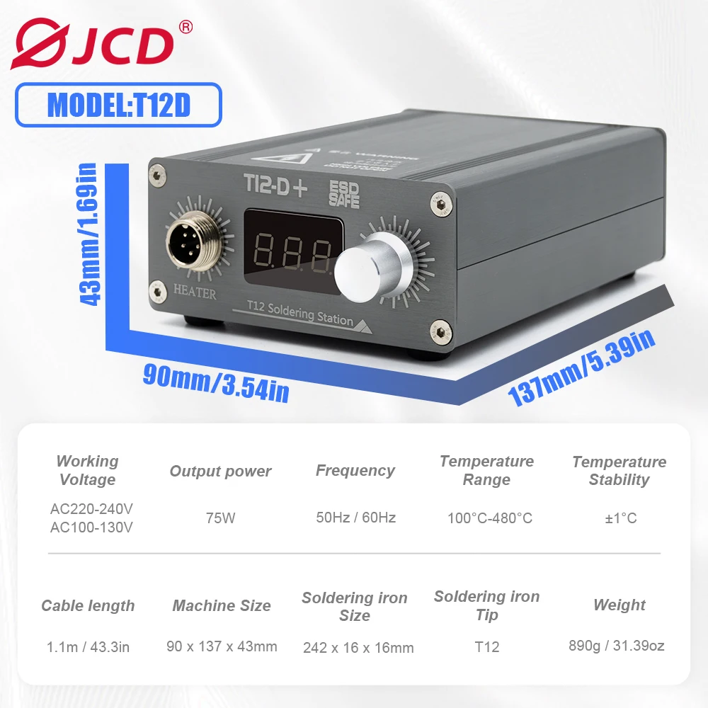 Паяльная станция JCD T12-D+ 75 Вт с LED-дисплеем, регулируемой температурой, антистатическая, для ремонта электроники, печатных плат, SMD (art.: 3920daef3b2f3) - 3920daef3b2f3