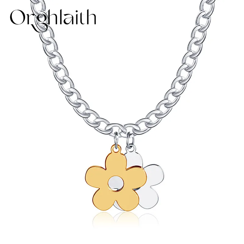 

Orghlaith New Stainless Steel Flower Two Tone Pendant Necklaces y2k For Women Collar Statement Chain Metal Necklace Jewellery