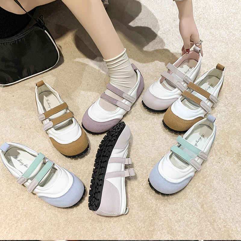 Cute Soft Puff Lolita Shoes Woman Sweet Pink Purple Ballet Flats Ladies Round Toe Thick Sole Double Straps Ballerina Loafers