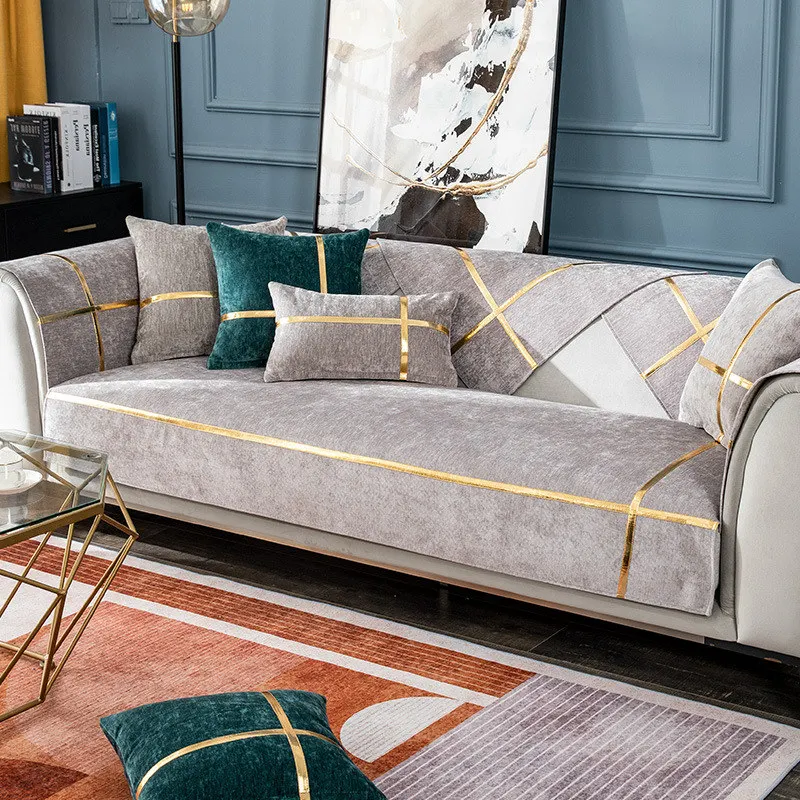 

Современные чехлы для диванов из синели, на 1/2/3 места, с золотым ремешком, оформление одинарного стула, цвет серый