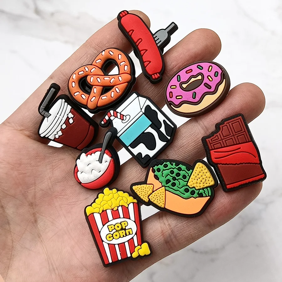 Dropshipping 1Pcs Daily Food PVC Shoe Charms Sandal Accessories Hot Dog Donuts Chocolate Chips Shoe Buckle Decor Fit Croc JIBZ