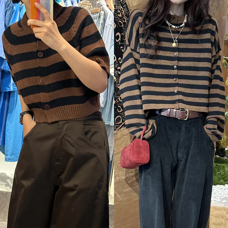 Женский винтажный трикотажный кардиган в полоску модный однобортный свитер с