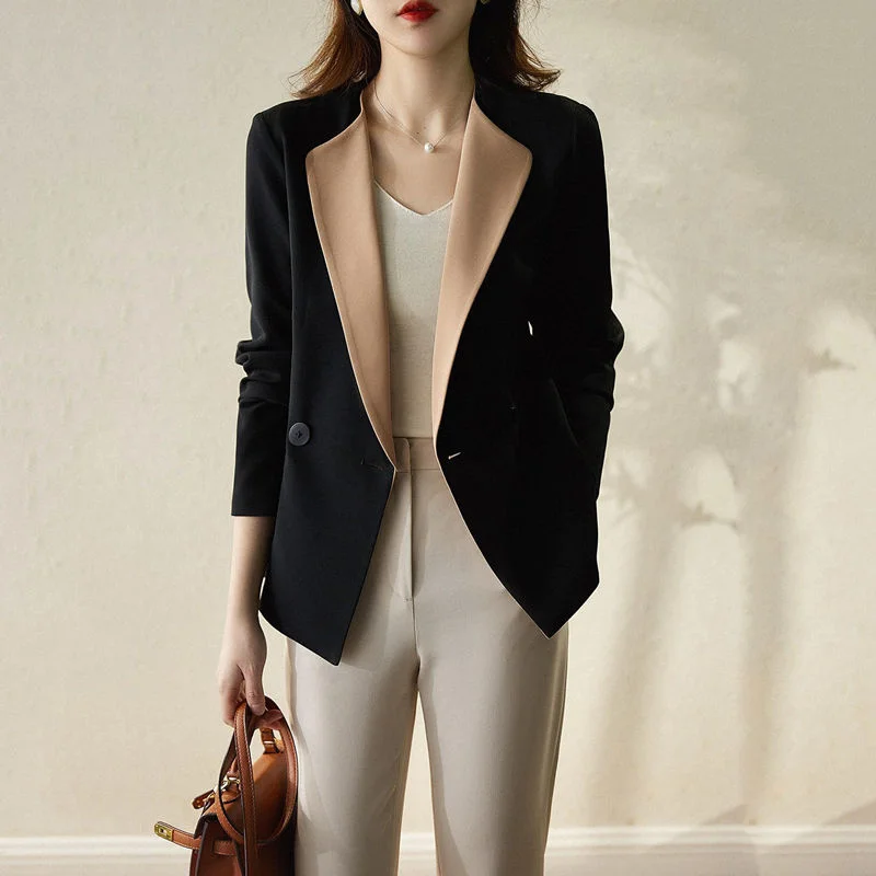

Women's Blazer Spring Autumn Fashion Collarless Color Matching Flanging Jacket Korean Loose Long Sleeves Suit Coat Female