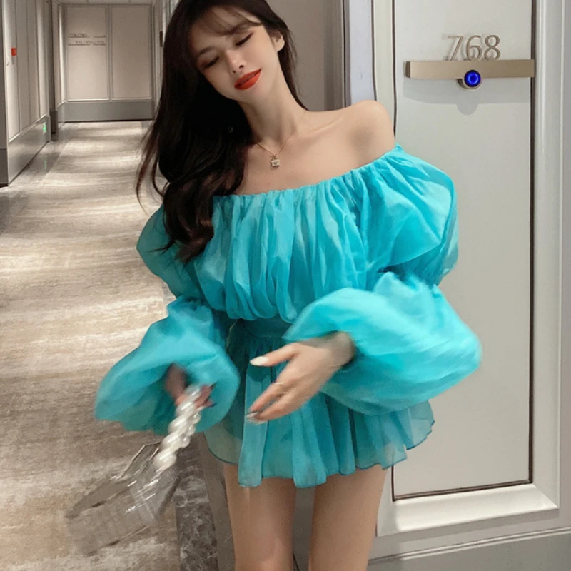 

Women's Fairy Off Shoulders Chiffon Lotus Shirts Slash Neck Pleated Blouses Puff Sleeve Ruffles Crop Tops Blusas Mujer 2021