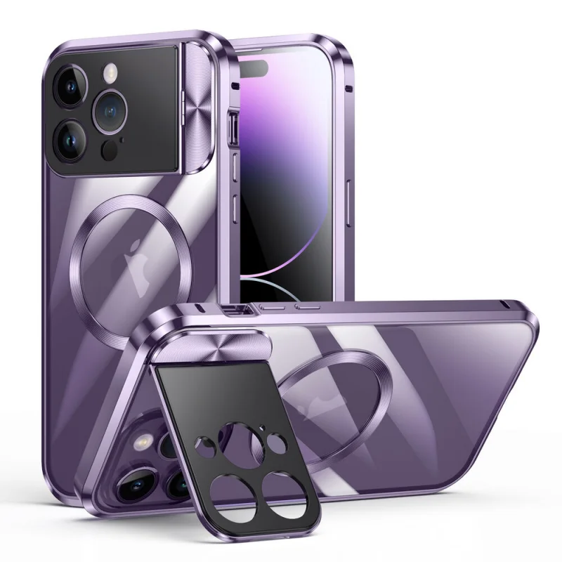 

Full Camera Large Lens Cap Kickstand Phone Case for Magsafe for iPhone 14 Plus 13 Pro Max Hard PC Shockproof Clear Cover Coque