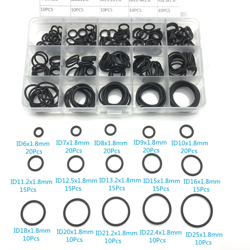 Купи 225pcs/Box Rubber O Ring Thickness 1.8 mm Assortment Black O-Ring Seals Set Nitrile Washers High Quality For Car Gasket 15 Sizes за 267 рублей в магазине AliExpress