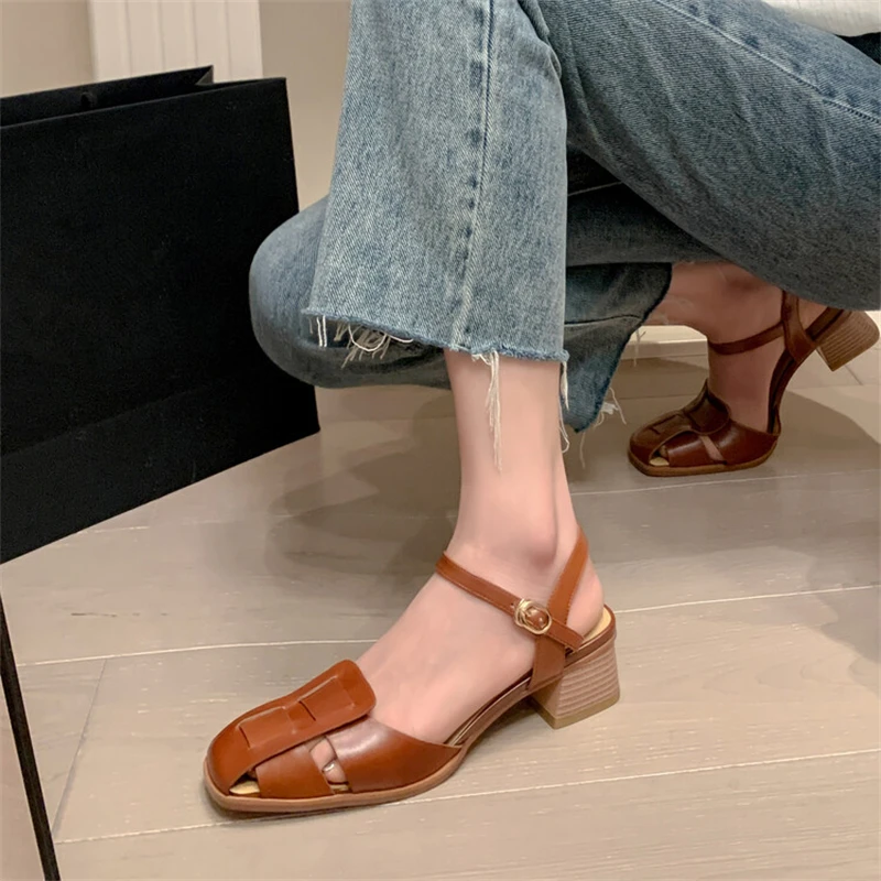 

2023 Retro Genuine Leather Women Sandals Hand-made Crude Heel Women Shoes High Quality Buckle Strap Comfy Casual Zapato De Mujer