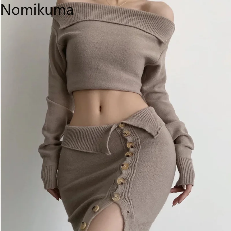 

Nomikuma conmas De Falda весна осень воротник-лодочка Высокая талия трикотажные ансамбли элегантные модные женские два набора