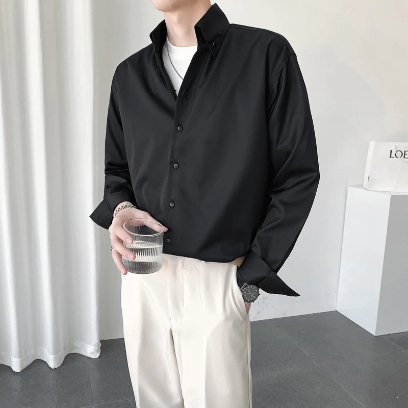 Korean Shirts for Men's 2022 Spring Solid Casual Long Sleeve Shirt High Quality Male Clothing Streetwear Loose Blouse Masculina