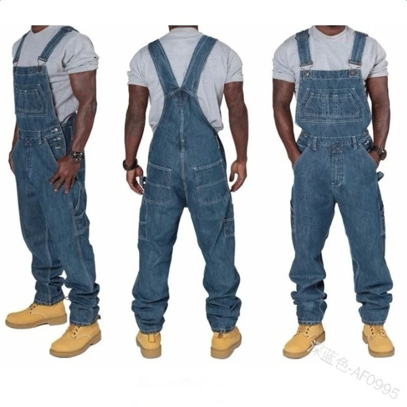 

Mandylandy Men's Denim Bib Pants Full Length Jeans Jumpsuits Hip Hop Straight Jeans Overalls for Men Streetwear