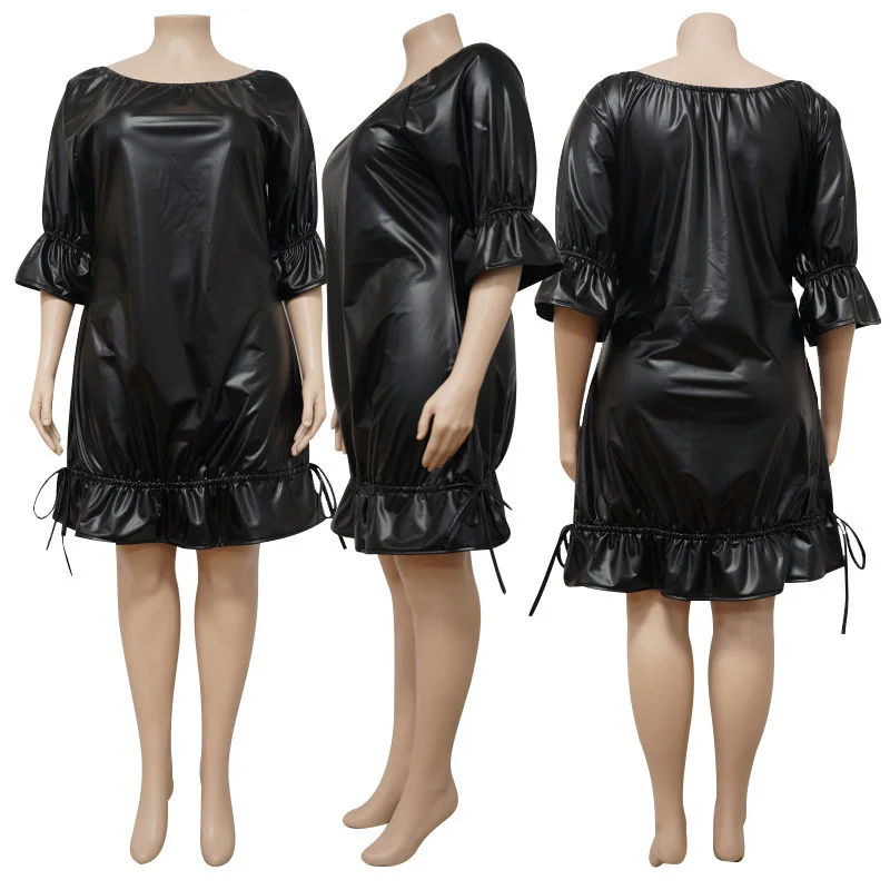 Plus Size Pu Leather Women Ruffles Casual Dress Big Size Round Neck Short Sleeves Black Party Dresses 3xl 4xl 5xl 6xl