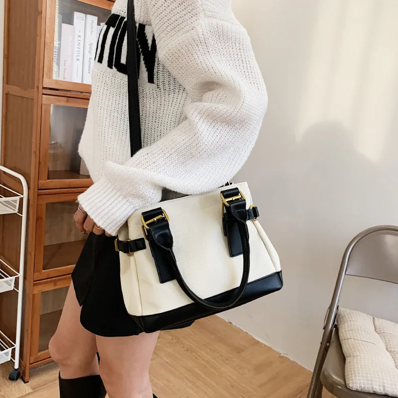 High-capacity Fashion Canvas Handbag Simple Color Contrast Single Shoulder Messenger Bags Commuter Versatile Tote Crossbody Bag