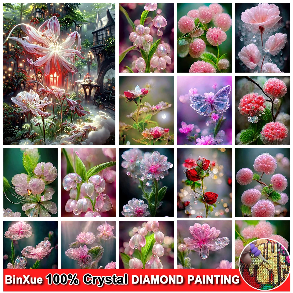 

BinXue Flower Full 100% Square/Round Crystal Diamond Painting Butterfly Tulip Cross Stitch Rhinestone Handmade Mosaic Art Gift
