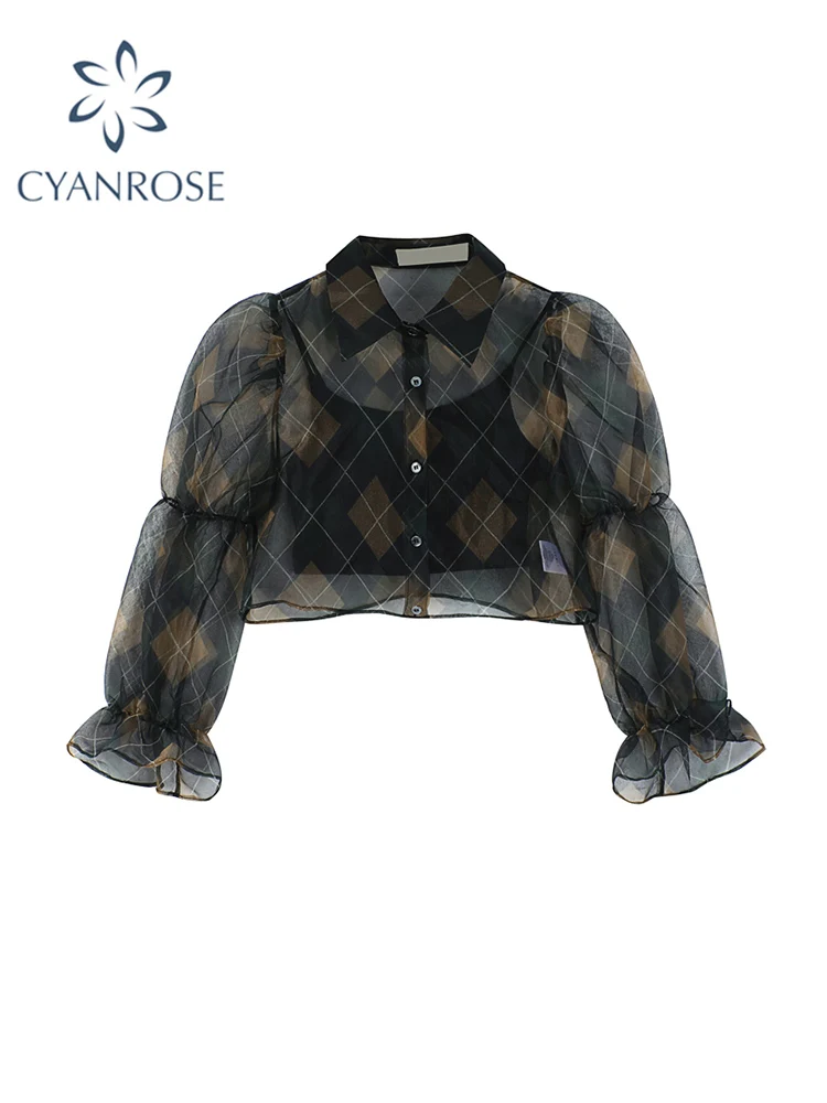 Summer Sexy Chiffon Blouse For Women Elegant V-Neck Puff Long Sleeve Short Tops Female Slim Party Shirts Vintage 2022 Fashion