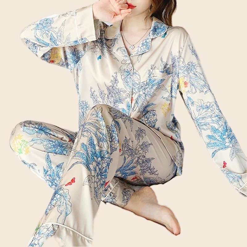 Summer Pajama Sets Pajama Pants Sexy Flower Nighty Clothes T-Shirt Long Pants 2Piece/Set Homewear Cozy Big Size Luxury Designer