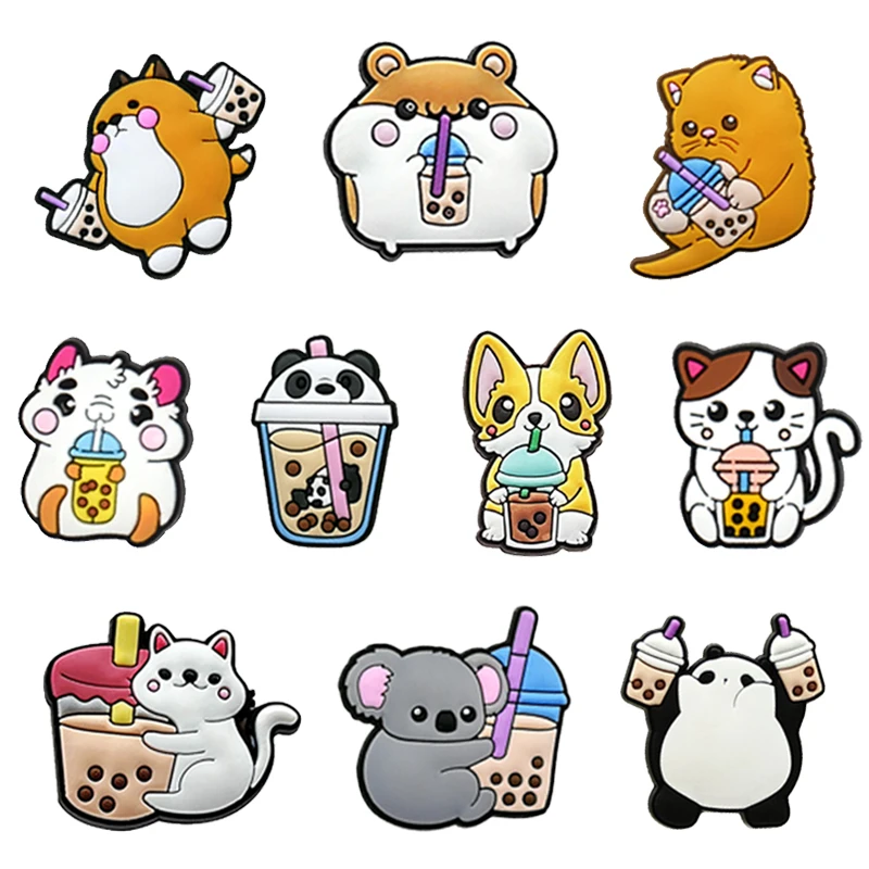 1pcs Cute Boba Milk Tea Cat Dog Bear Shoe Charms for Crocs Sandals Accessories Decorations Kids Adults Party Favor Gifts