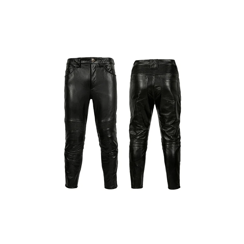 

Cowhide 100%Top Layer Moto Pants Men Vintage Distressed Calfskin Moto Leather Pants High Quality Thick casual leather pants