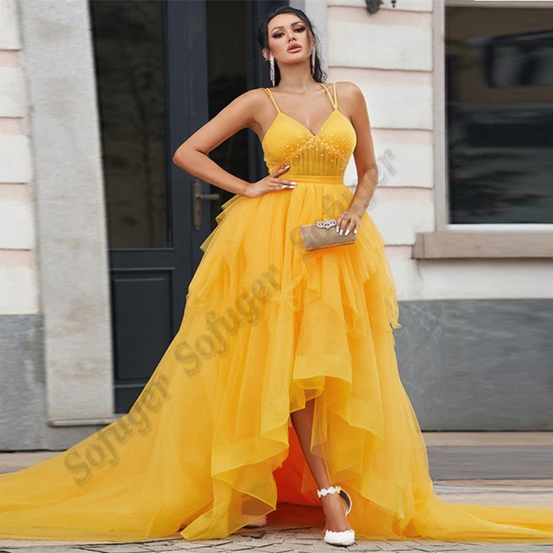 

Yellow Tulle Charming Evening Dress Spaghetti Strap Pearls Beads V-Neck Floor Length Customised Pastrol Robes De Soirée