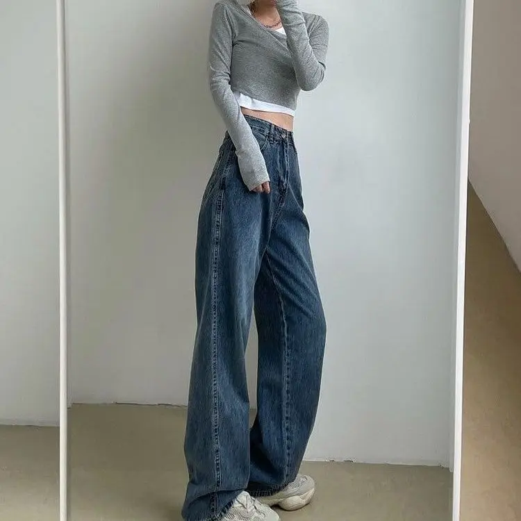 

2022 Spring and Autumn Woman Pant Jeans High Waist Denim Trousers Wide Leg Denim Clothing Vintage Quality Fashion Straight L320