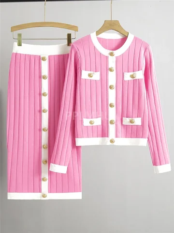 Женский трикотажный комплект из 2 предметов, облегающий короткий свитер с круглым вырезом и юбка в винтажном Корейском стиле