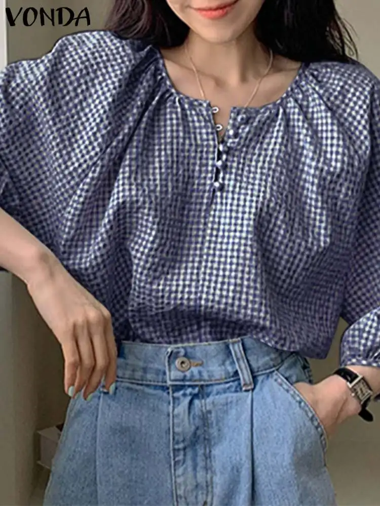 

Summer Shirts 2023 VONDA Fashion Casual Blouses Women Plaid Tops Buttons Tunic 3/4 Sleeve O-Neck Loose Bohemian Vintage Blusas
