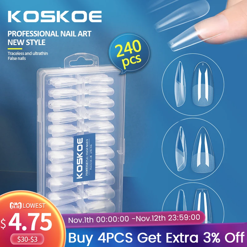 

KOSKOE 240pcs /Box Press on False Nails Coffin Oval Square Semi-Frosted Full Cover UV Gel Nails Fake Tips Capsule Extension Tool