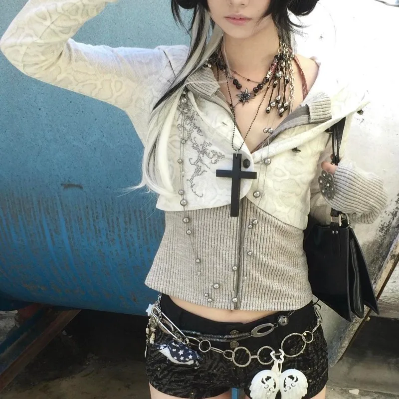 Deeptown Y2k Harajuku готический женский вязаный кардиган с капюшоном на молнии в стиле