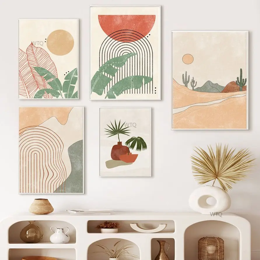 

Cactus Leaves Sun Line Geometry Abstract Wall Art Canvas Painting Nordic Posters And Prints Wall Pictures For Living Room Decor