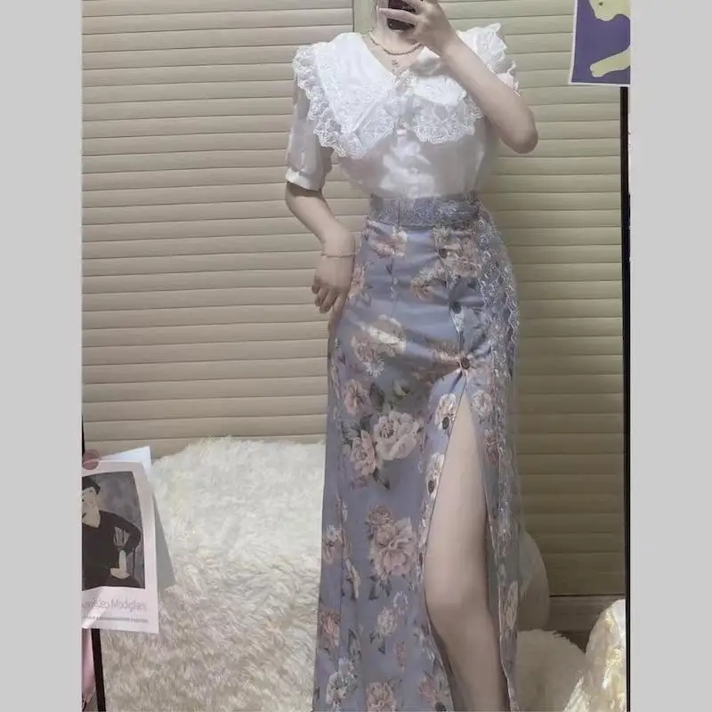 Женский костюм-двойка с кружевным воротником свободная блузка коротким рукавом