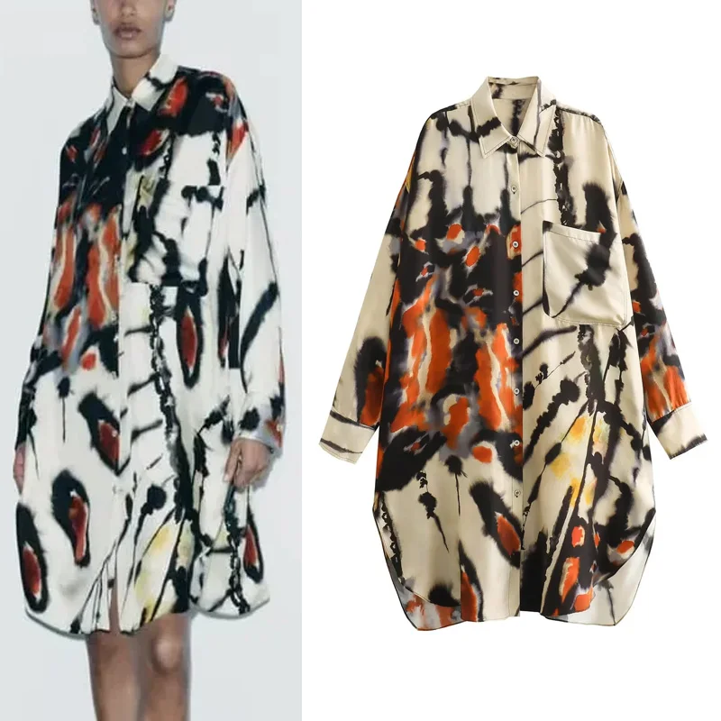 

TRAF Stylish Women's Blouse 2023 Vintage Print Lapel Button Pocket Long Shirts Woman Clothing Long Sleeve Top Autumn Shirt Tunic