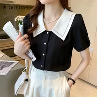 summer women shirts korean style chic trendy casual short sleeve peter pan collar blouses elegant vintage all match button tops