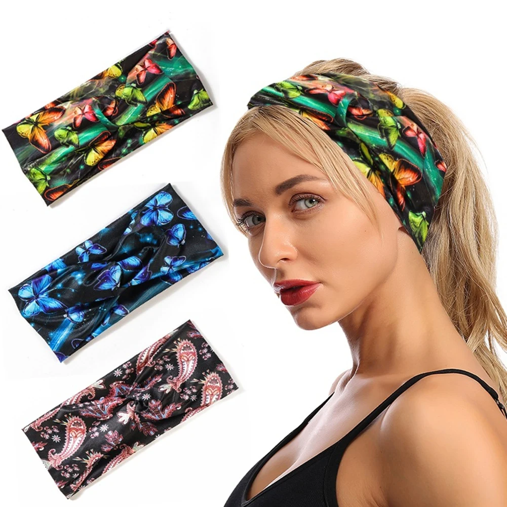 

2022 New Women Headband Butterfly Print Wide Turban Twist Sport Yoga Hairband Twisted Knotted Headwrap Winter Hair Accessories