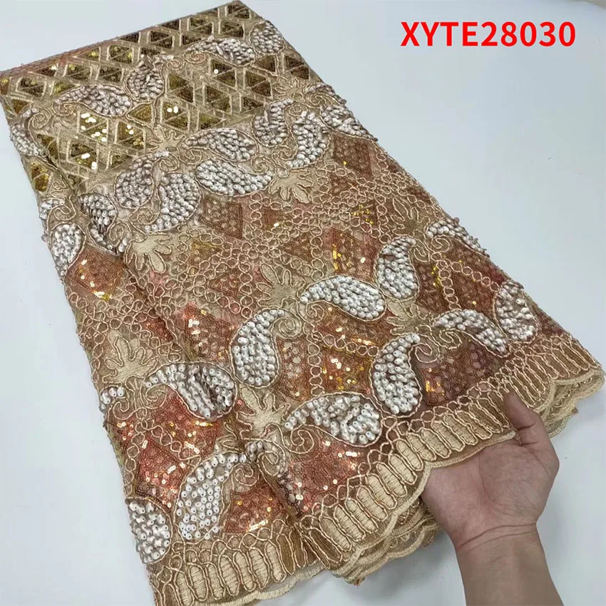 

2022 High End African French Sequins Fabric Ankara Breathable Lace For Womam Party Dress Textiles XYTE28030